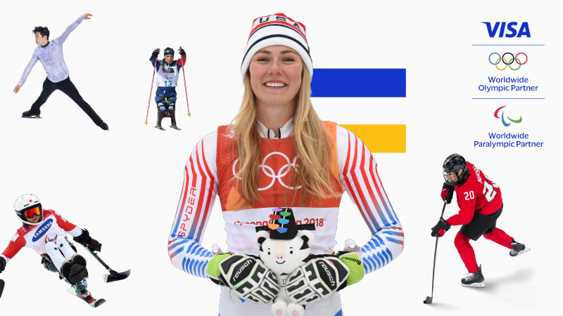 Team Visa Winter Olympians next to Visa, Olympics, and Paralympic logos.